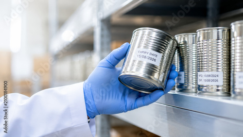 Hand with blue glove checking processed food can in warehouse factory, focusing on expiry date for safety and quality control, industrial storage environment