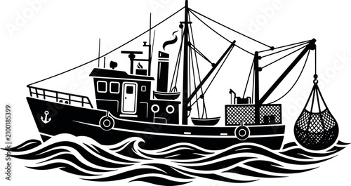Konstfotografi Illustration of a commercial fishing trawler vessel hauling a net at sea with co