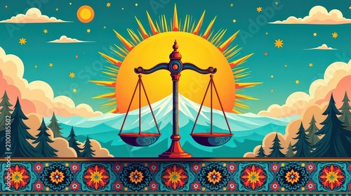 Colorful illustration of a balance scale in traditional style Kyrgyzstan horoscope