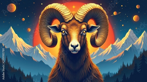 A mystical illustration of a ram's head, symbolizing the Kyrgyzstan horoscope