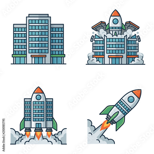 Office building rocket launch transformation start up business growth concept