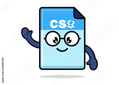 Friendly blue computer science file character wearing glasses