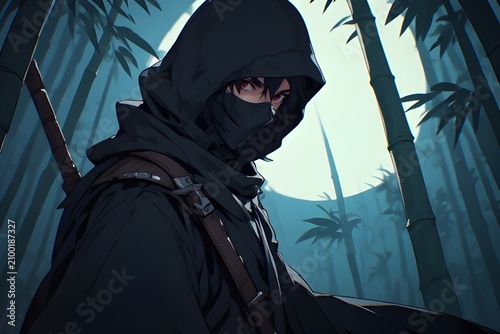 Anonymous hacker in hoodie using laptop outdoors. Cybersecurity expert coding in urban digital workspace with palm trees.
