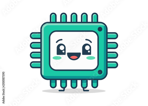 Smiling computer processor chip character with kawaii expression