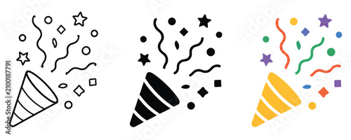 Foto Party popper celebration icon set with confetti in three graphic variations