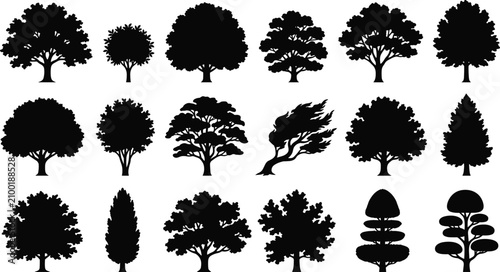 Bild auf Leinwand Diverse Tree Silhouette Vector Collection Featuring Deciduous Evergreen Windblow