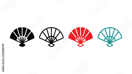 Four different colored folding hand fans on white background