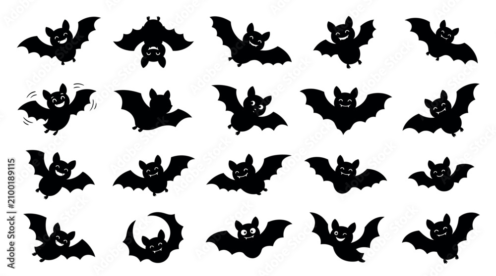Fototapeta premium Cute cartoon bats flying and hanging in various playful poses. Adorable black bat vector illustrations for Halloween and spooky designs.
