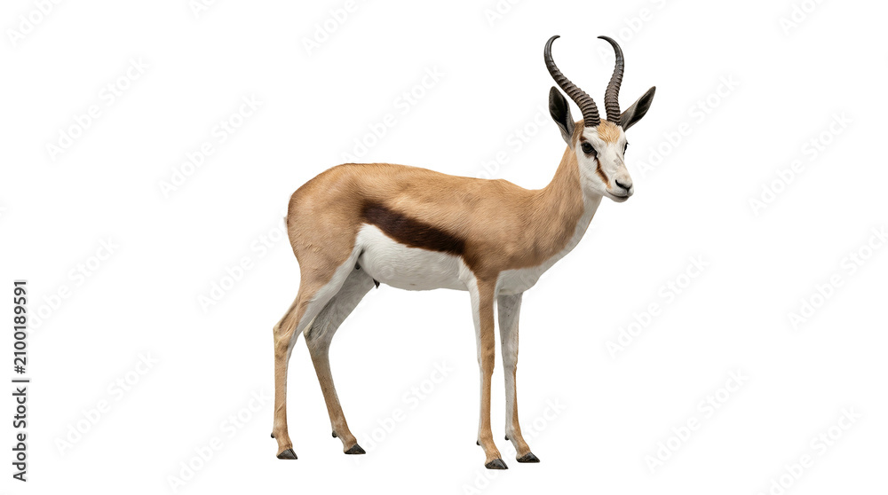 Fototapeta premium Wild gazelle antelope stands in profile against a neutral grey studio background.