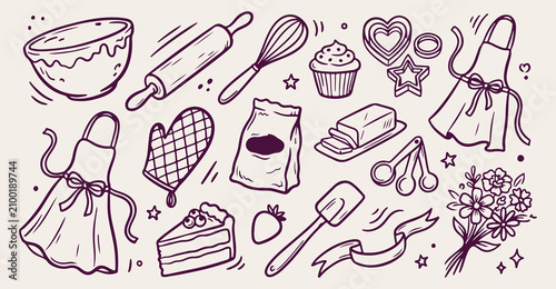 Fotografie hand drawn home baking seamless pattern, vintage baking tools vector illustratio