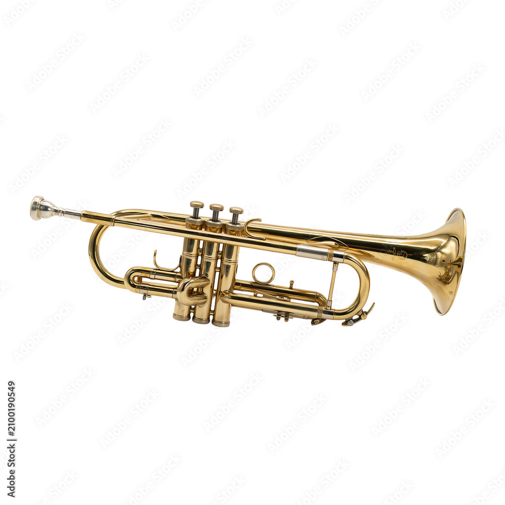 Obraz premium Golden trumpet againstWhite Background detailed musical instrument photography