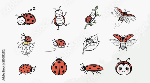 Cute cartoon ladybugs and insects sleeping, flying, and resting on flowers. Adorable hand-drawn bug illustrations for children's educational materi...