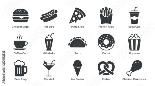 Fast food icons set with popular snacks and drinks. Vector line art of burgers, pizza, fries, and beverages for commercial design.