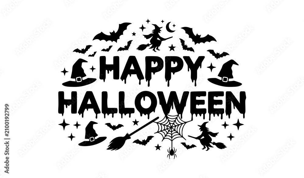 Fototapeta premium Happy Halloween dripping text silhouette with bats and witches vector illustration EPS