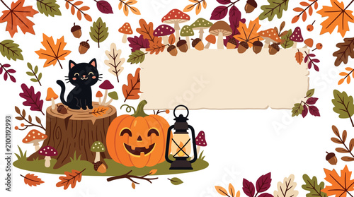Cute black cat and jack-o'-lantern on autumn stumps in forest. Whimsical Halloween illustration with mushrooms, lantern, and falling leaves vector...