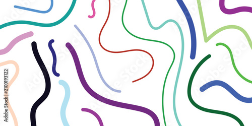 Colorful random curved lines abstract background on white, hand drawn organic scribbles vector illustration