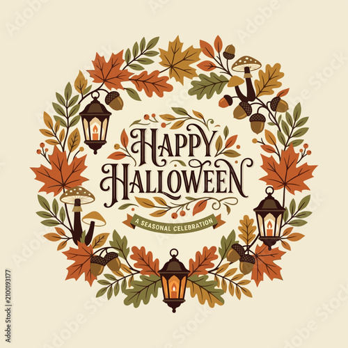 Halloween autumn wreath with lanterns and mushrooms. Spooky fall seasonal celebration vector illustration for festive decor and invitations.