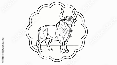 Stylized Bull Line Art with Ornamental Collar - Vector Illustration