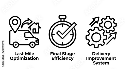 Logistics management icons for last mile delivery optimization and delivery system improvement with logistics delivery management optimization shipping transport improvement efficiency