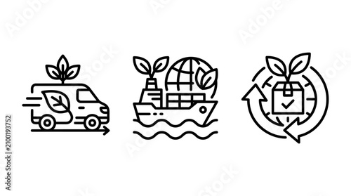 Set of ecological logistics and sustainable supply chain icons with earth friendly logistics delivery environment shipping transport sustainability business transportation recycling commerce