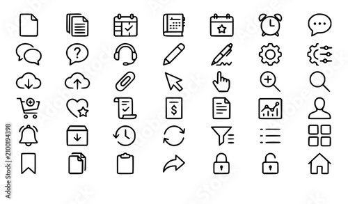 Classic Office and Interface Line Icons Bundle with Document Time Calendar Search and Commerce Symbols