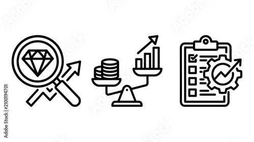 Business investment and strategic planning icons set with investment business strategy planning management valuation checklist analysis corporate development optimization efficiency