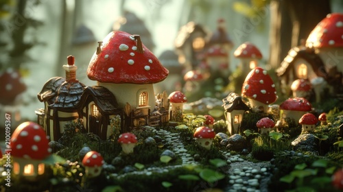 Enchanted mushroom village nestled in a mystical forest