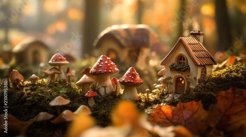Miniature fairy houses nestled amidst autumn forest.  Small houses, mushrooms, and autumn leaves create a whimsical scene