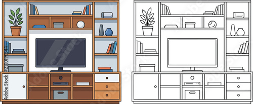 Картината върху платно Modern entertainment center with television and organized shelves presented as a