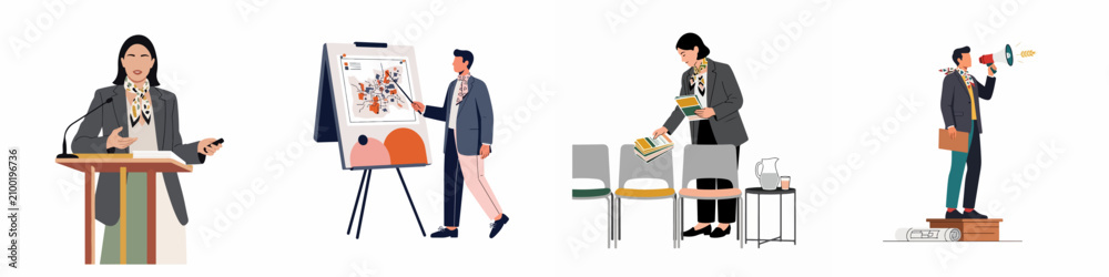 Fototapeta premium Flat vector illustrations of professional speakers, presenters, and event organizers during a business conference, seminar, or workshop.
