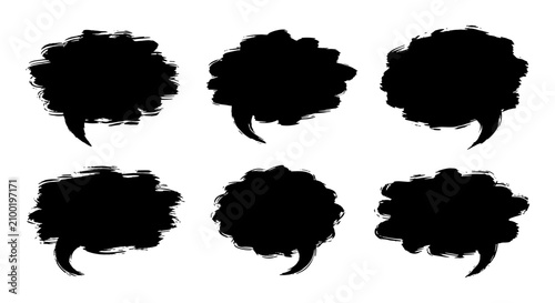 Set of six black grunge speech bubbles with rough edges.