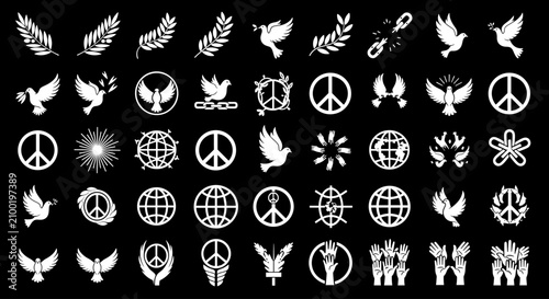 Collection of Peace Symbols and Dove Icons on Black Background.