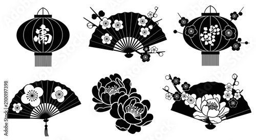 Traditional Chinese Lanterns and Fans with Floral Designs in Black and White.