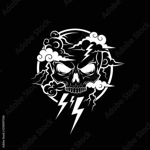 Scary Skull with Lightning and Clouds Illustration.
