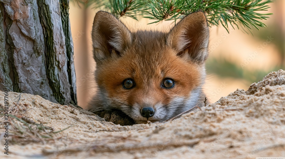 Fototapeta premium Small red fox cub faces camera from sandy hill in spring nature, offering space for text.