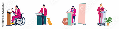 Diverse and inclusive group of public speakers with disabilities delivering professional presentations at various podiums, representing accessibility and empowerment in the workplace.