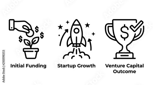 Startup funding growth and venture capital outcome icons with investment business achievement financial development progress corporate planning strategy optimization objective performance