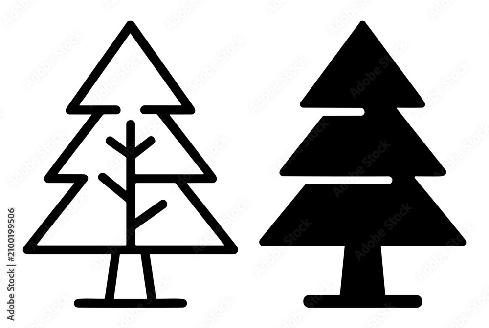 Obraz premium Simple black and white pine tree icons with outlined and solid styles for design and decoration on transparent background