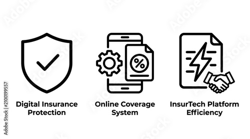 Digital insurance and insur tech technology outline icon set with insurance insurtech protection technology coverage platform efficiency financial security innovation business management
