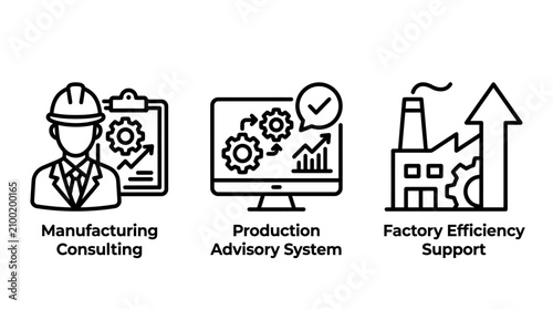 Manufacturing and production optimization icons set focused on consulting advisory systems and factory efficiency improvements with manufacturing production consulting advisory efficiency