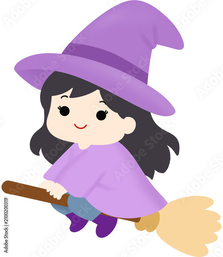 Cute witch character flying on broomstick cartoon illustration isolated on white