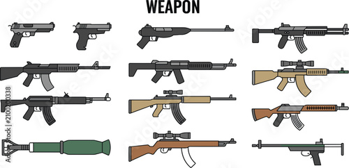 Schilderij op canvas Collection of Various Firearms and a Rocket Launcher Illustration Keywords: weap