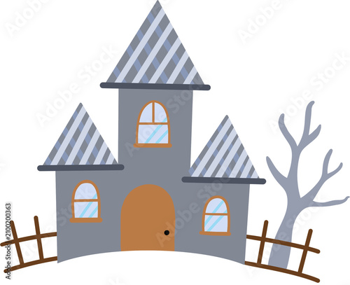 Cute haunted house cartoon illustration with bare tree and wooden fence