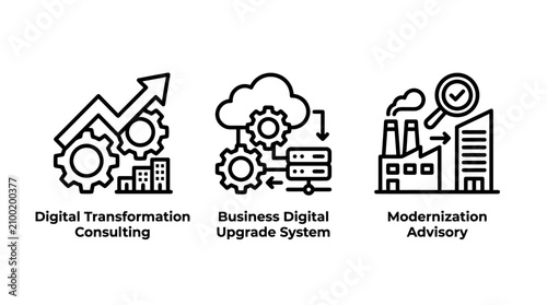 Business digital transformation and industrial modernization strategy outline icons with transformation business modernization industry strategy technology consulting optimization efficiency