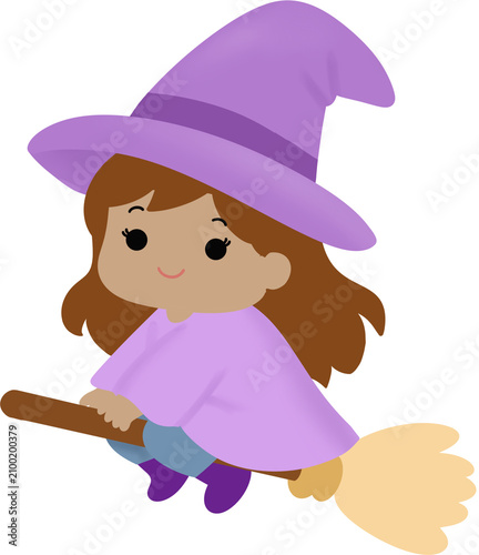 Cute witch character flying on broomstick cartoon illustration isolated on white