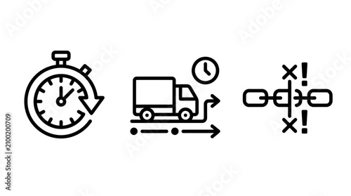 Supply chain efficiency speed and delay issues business icons with logistics delivery management transportation efficiency deadline stopwatch shipping distribution business problems