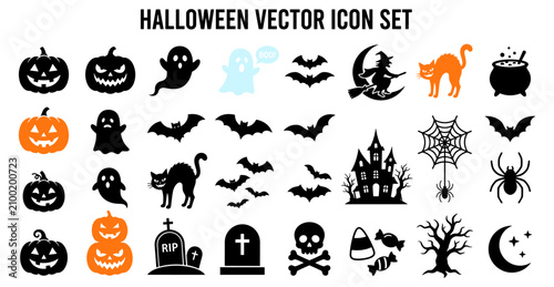 Fotografie Halloween vector icon set with spooky pumpkins ghosts bats witches cats spider w