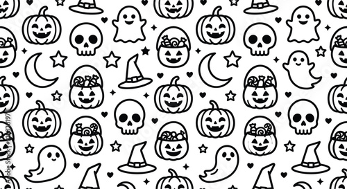 Seamless black and white Halloween pattern featuring cute line art illustrations of smiling pumpkins, ghosts, skulls, witch hats, trick-or-treat baskets, crescent moons, and stars.
