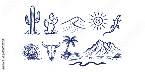 desert landscape element collection hand drawn doodle icon set vector illustration