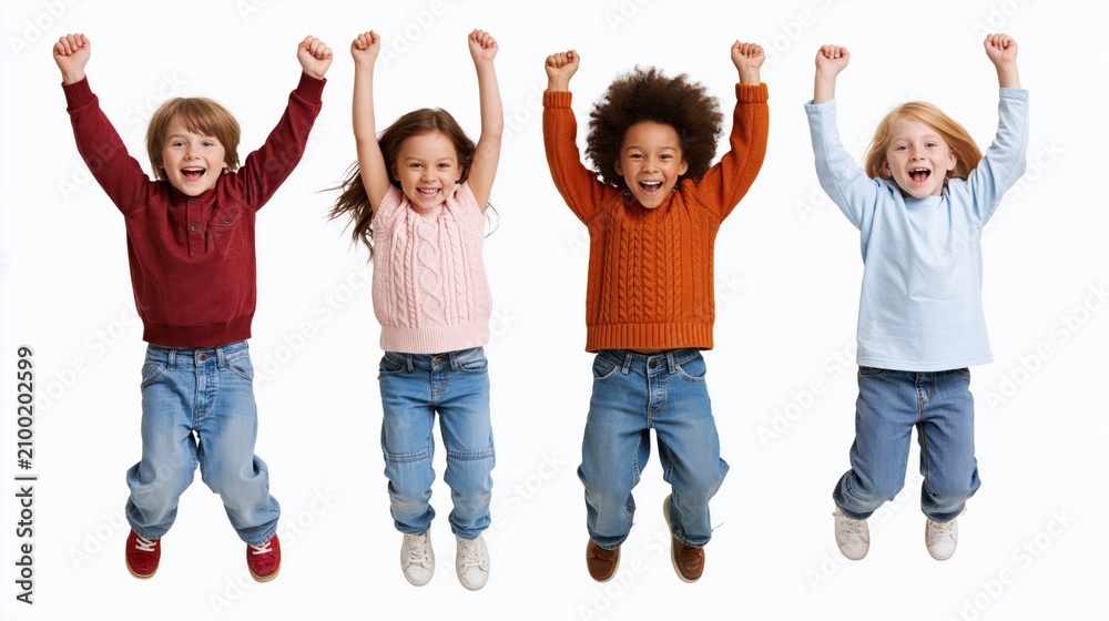 Obraz premium Four diverse school-age children jumping with joy against a white background